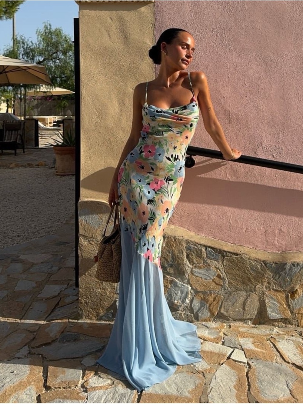 Rumored Floral Cowl-Neck Maxi Dress in Pastel Paradise